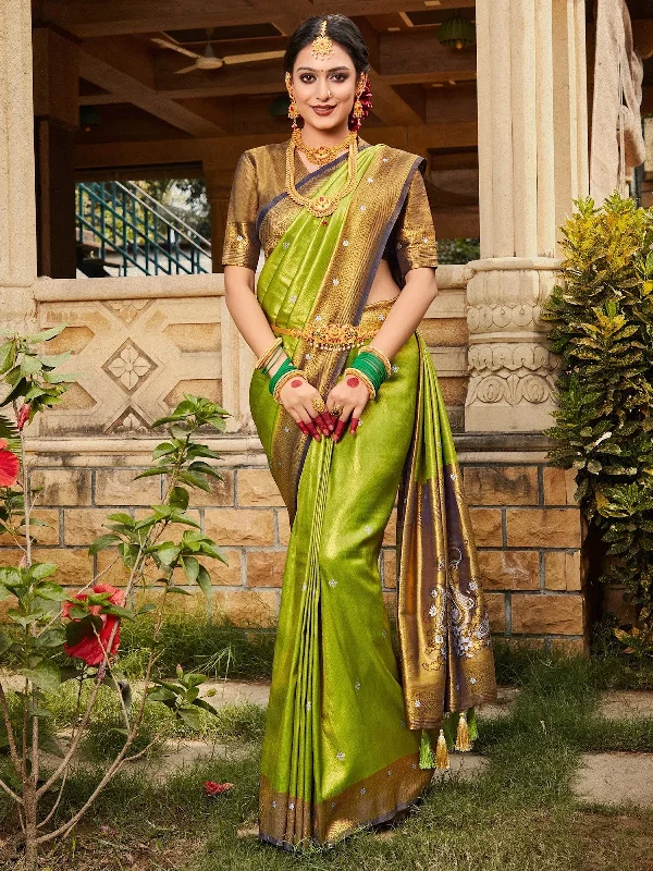 Saree Mall Women's Kanjeevaram  Green Woven Design Designer Saree With Blouse Piece-VIRAST5211 Drape Neck Blouse