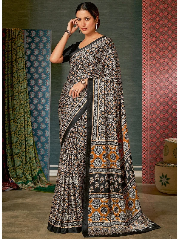 Saree Mall Women's Crepe Black Digital Print Designer Saree With Blouse Piece-AJRKH311 Elegant Lace Blouse