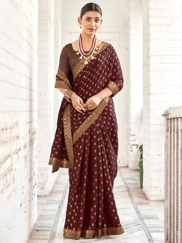 Saree Mall Women's Vichitra  Burgundy Embellished Designer Saree With Blouse Piece-AMISHA81801 Chic Wrap Blouse