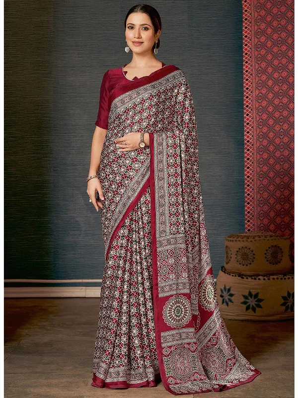 Saree Mall Women's Crepe Maroon Digital Print Designer Saree With Blouse Piece-AJRKH312 Feminine Puff Blouse