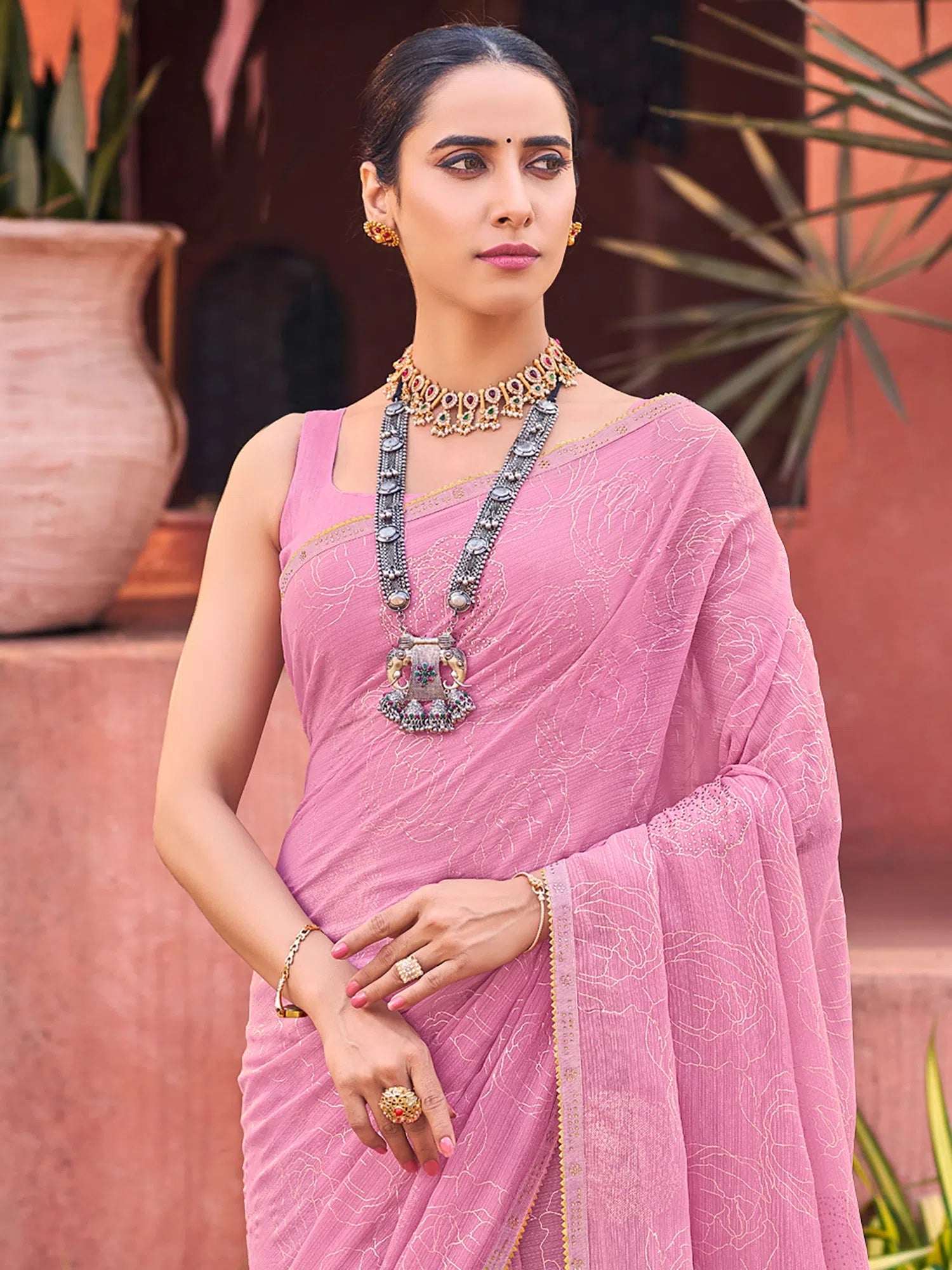 Saree Mall Women's Georgette Mauve Embellished Celebrity Saree With Blouse Piece-JALEBI81305 Loose Oversized Blouse