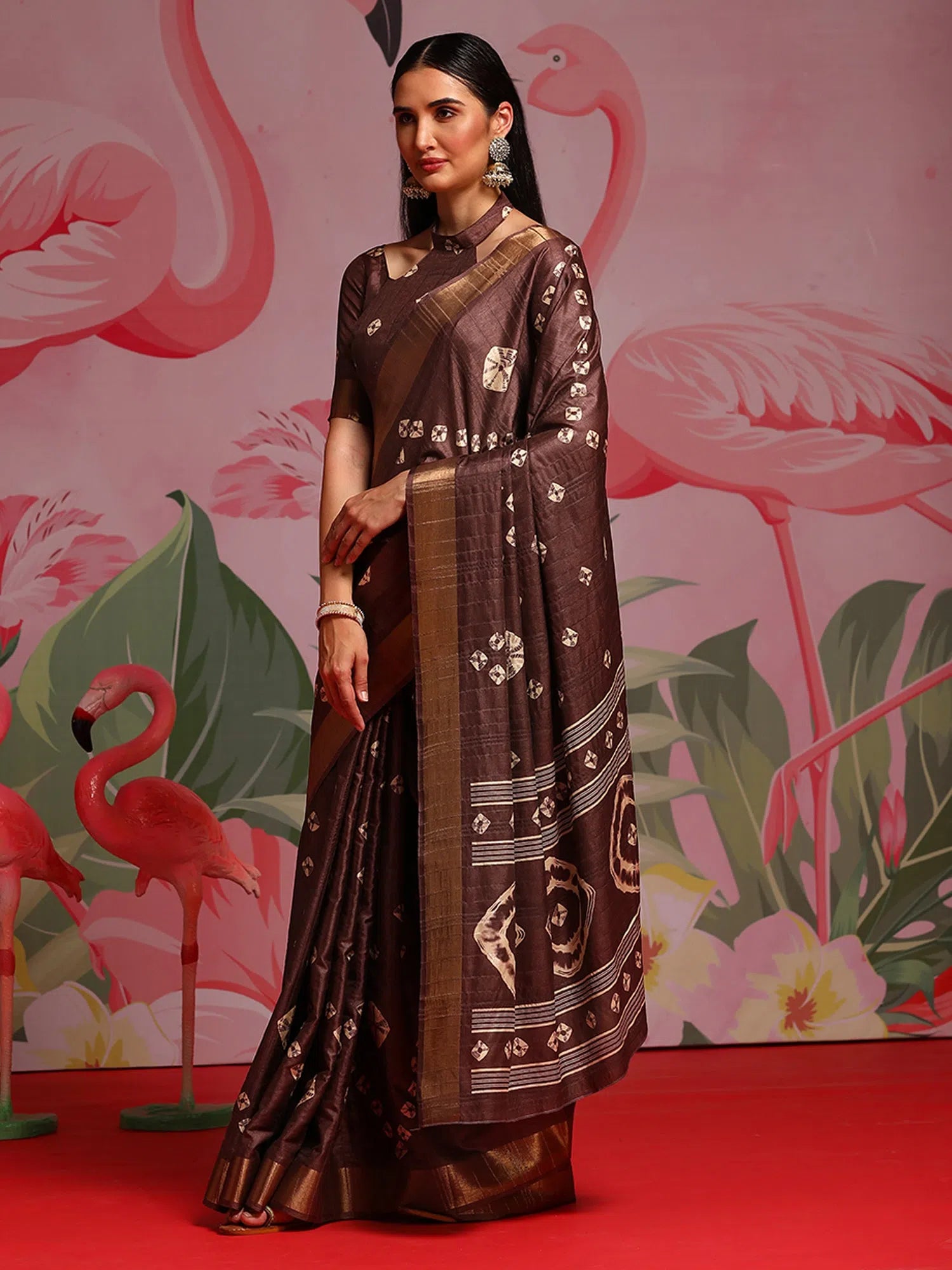 Saree Mall Women's  Blend Brown Printed Designer Saree With Blouse Piece-HOLAND101D Boho Printed Blouse