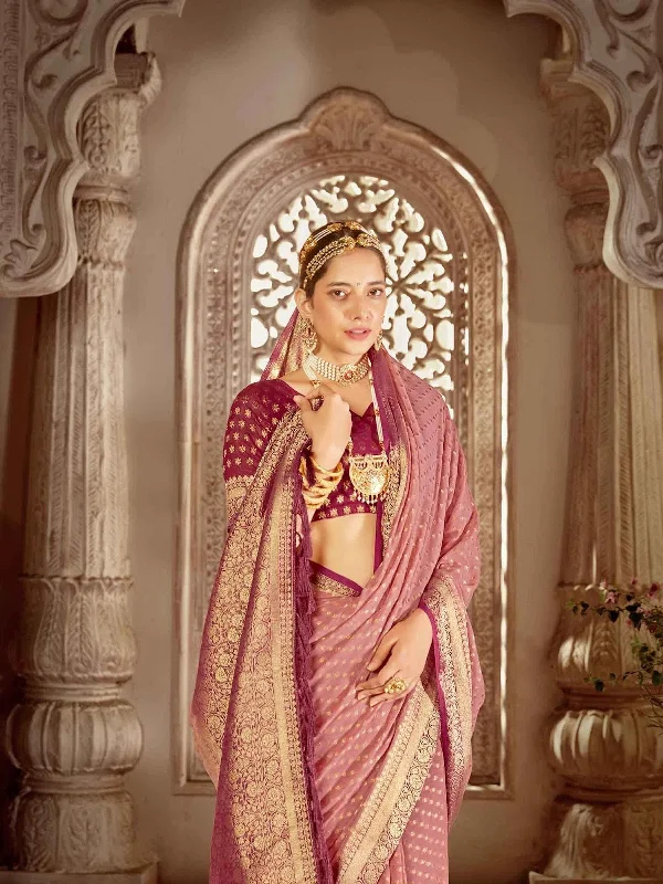 Saree Mall Women's Georgette Pink Woven Design Designer Saree With Blouse Piece-ARYA1001 Classic White Blouse