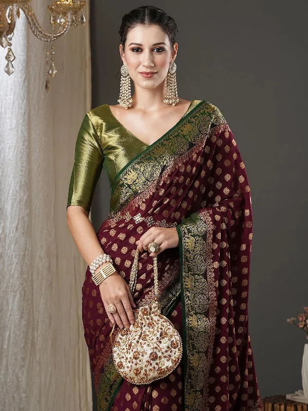 Saree Mall Women's Georgette Burgundy Woven Design Designer Saree With Blouse Piece-19ALEKHA1902 Soft Satin Blouse