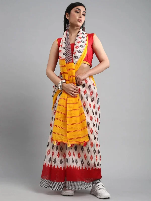 Saree Mall Women's Cotton Blend Cream Printed Designer Saree With Blouse Piece-ARNV1005 Gathered Detail Blouse
