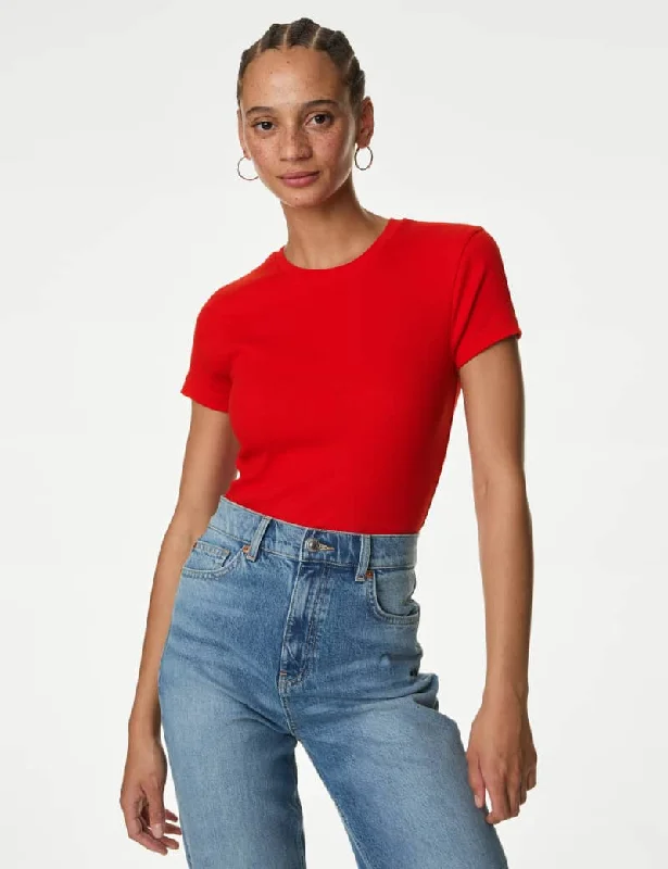 Cotton Rich Ribbed Slim Fit T-Shirt-- Collared Crew Neck Turtle Neck