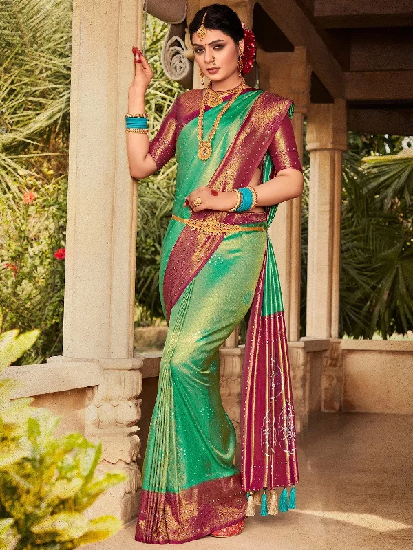 Saree Mall Women's Kanjeevaram  Sea Green Woven Design Designer Saree With Blouse Piece-VIRAST5202 Delicate Pleat Blouse