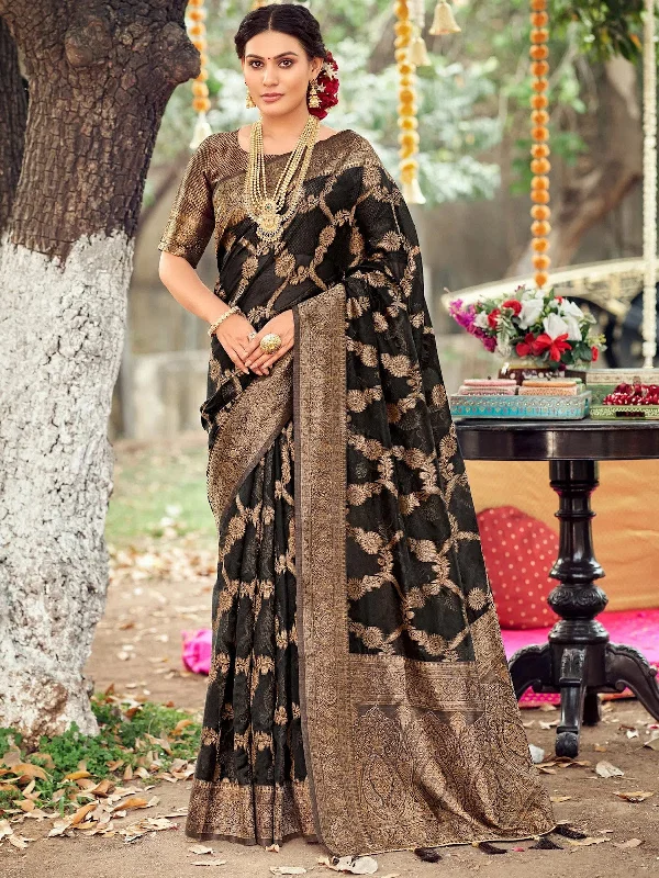 Saree Mall Women's Organza Black Woven Design Celebrity Saree With Blouse Piece-TANABANA107 Sleeveless Chiffon Blouse