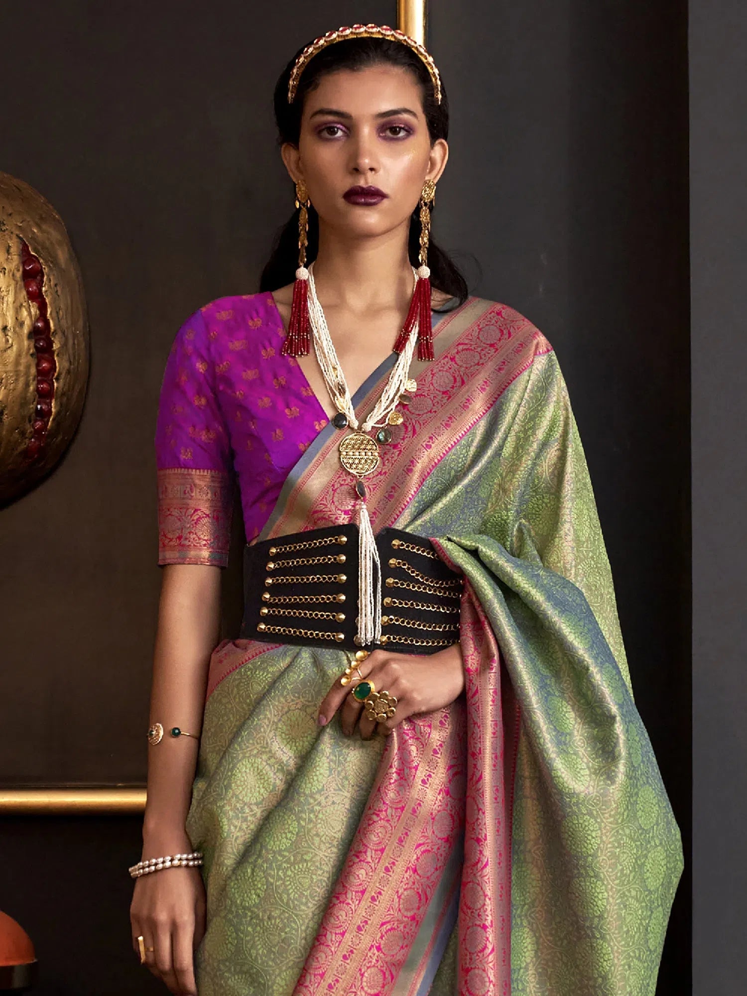 Saree Mall Women's  Blend Green Woven Design Designer Saree With Blouse Piece-KMIYA326005 Feminine Ruffle Blouse