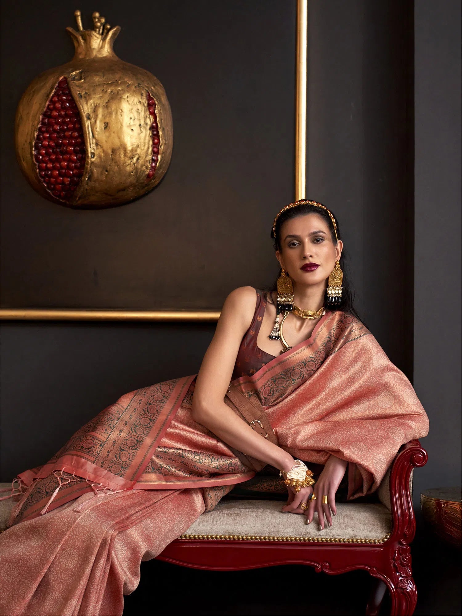Saree Mall Women's  Blend Peach Woven Design Designer Saree With Blouse Piece-KMIYA326004 Satin Bow Blouse
