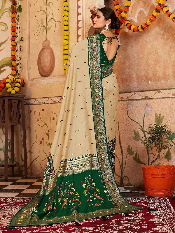 Saree Mall Women's  Blend Cream Woven Design Designer Saree With Blouse Piece-MLKHAM1010 Elegant Peplum Blouse