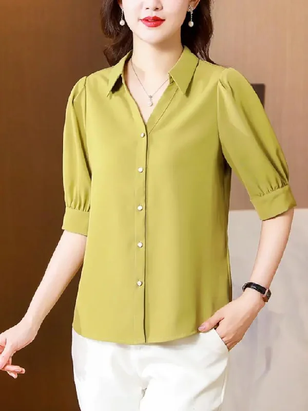 Satin Women Shirts Polo-Neck Solid Short-sleeved Chiffon Women Tops 2022 Summer Korean Fashion Vintage Ladies Top Button Shirt X296675-- Ribbed T-Shirt High Neck Heavyweight