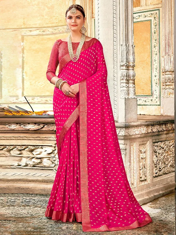 Saree Mall Women's Vichitra  Pink Embellished Designer Saree With Blouse Piece-AMISHA81451 Stretchy Fitted Blouse