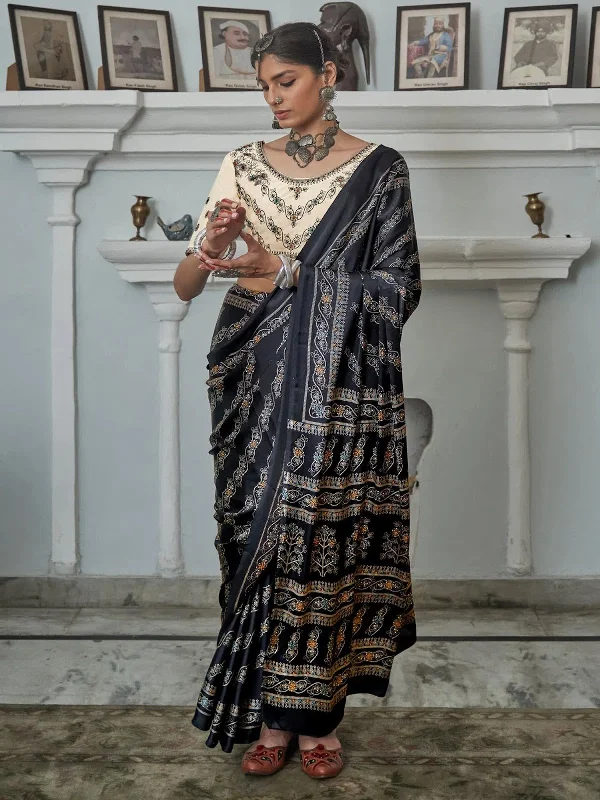 Saree Mall Women's Crepe Black Printed Celebrity Saree With Blouse Piece-SURMA107 Casual Relaxed Blouse