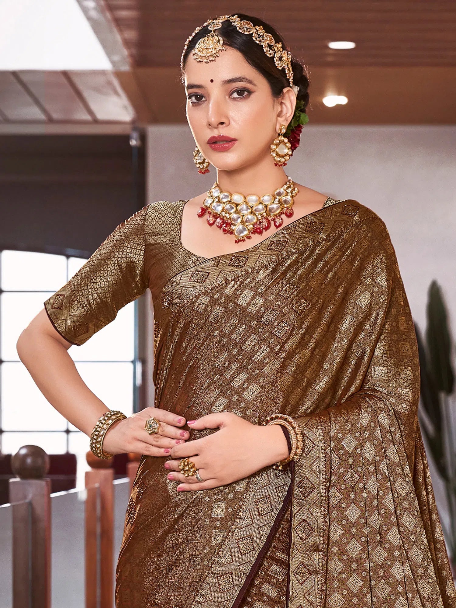 Saree Mall Women's Pure  Brown Embellished Designer Saree With Blouse Piece-KLKRUTI4135 Vintage Polka Blouse
