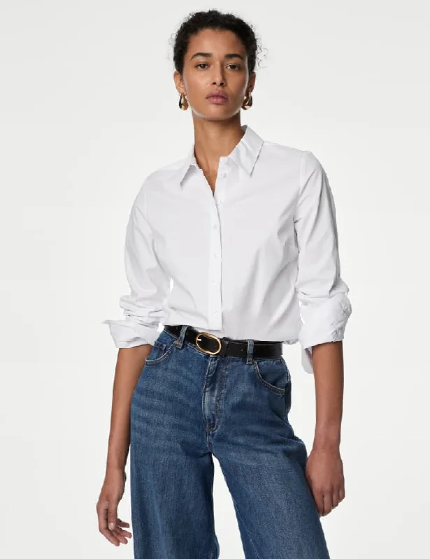 Cotton Rich Fitted Collared Shirt-- Welt Pockets Slit Pockets Flap Pockets