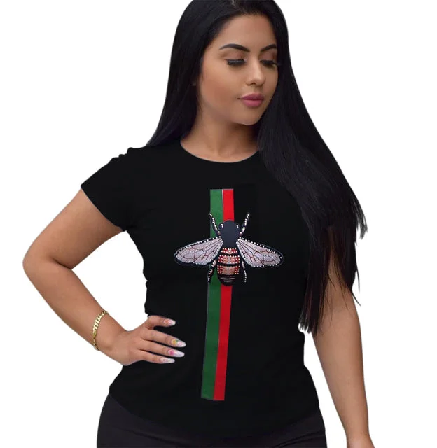 Summer New Women's Hot Short Sleeve Crew Neck Fashion Temperament Tight Print Street Trend Joker Ladies T-shirt S4724216-- Beaded Sequined Faux Fur