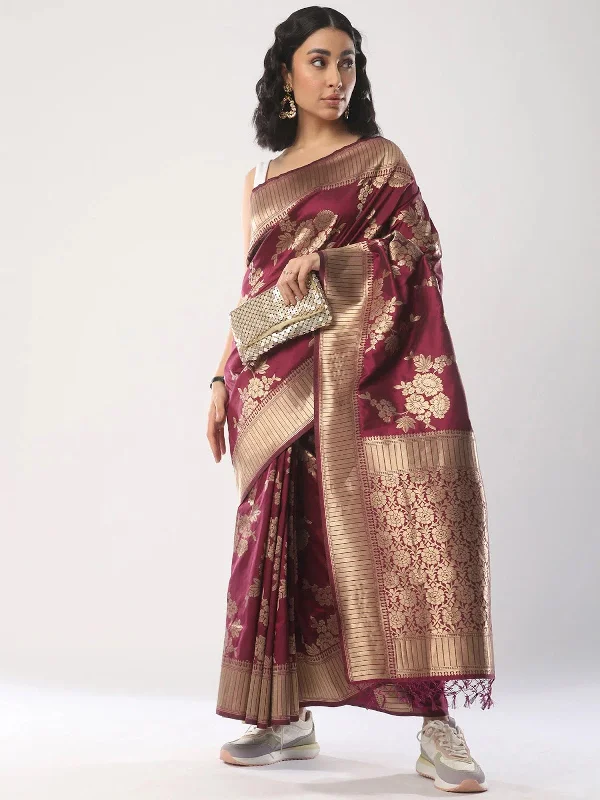 Saree Mall Women's  Blend Purple Woven Design Designer Saree With Blouse Piece-4PAKHI6102 Soft Knit Blouse