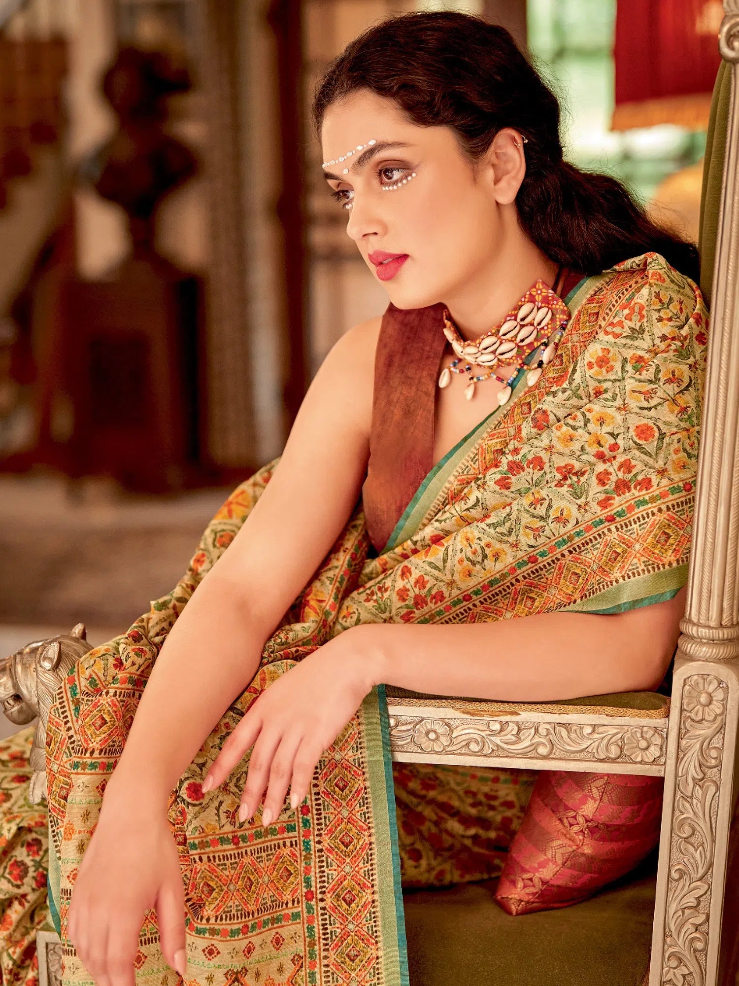 Saree Mall Women's Soft  Beige Printed Designer Saree With Blouse Piece-GRUHAM108 Slim Fit Blouse