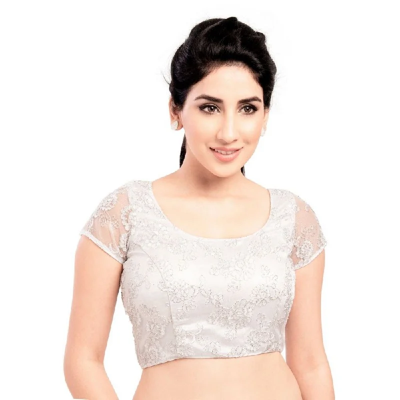Silver Net Embroidered Short Sleeves Blouse Modern Oversized Blouse