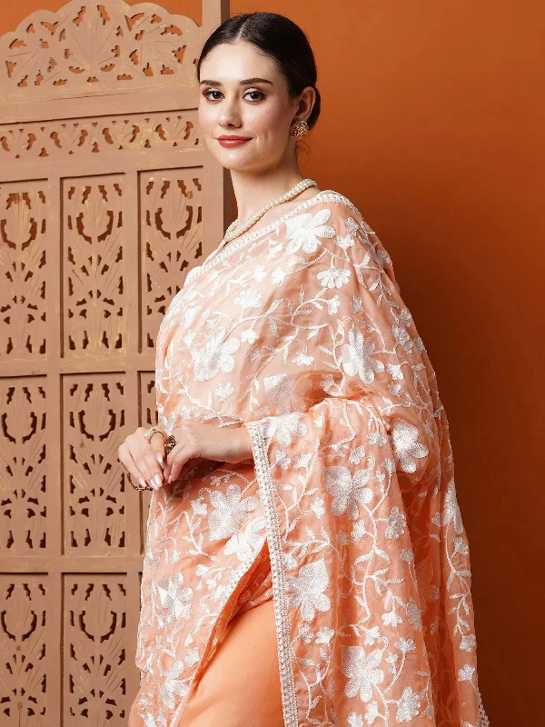 Saree Mall Women's Organza Peach Embroidered Designer Saree With Blouse Piece-13KAVI1303 Office Formal Blouse