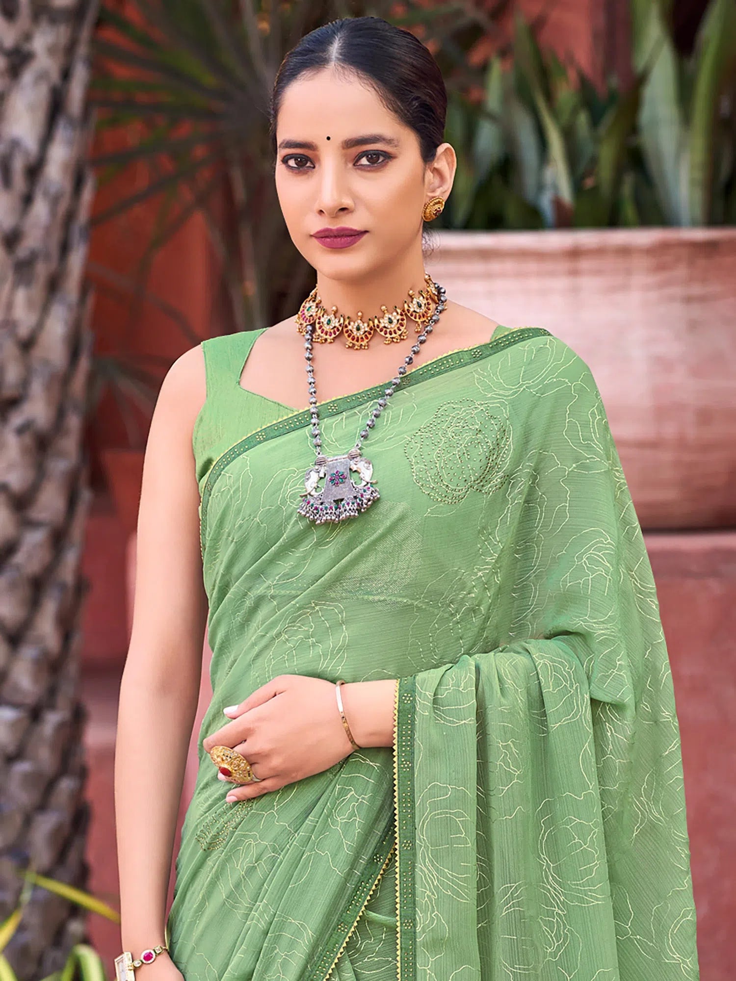 Saree Mall Women's Georgette Light Green Embellished Celebrity Saree With Blouse Piece-JALEBI81306 Gathered Detail Blouse