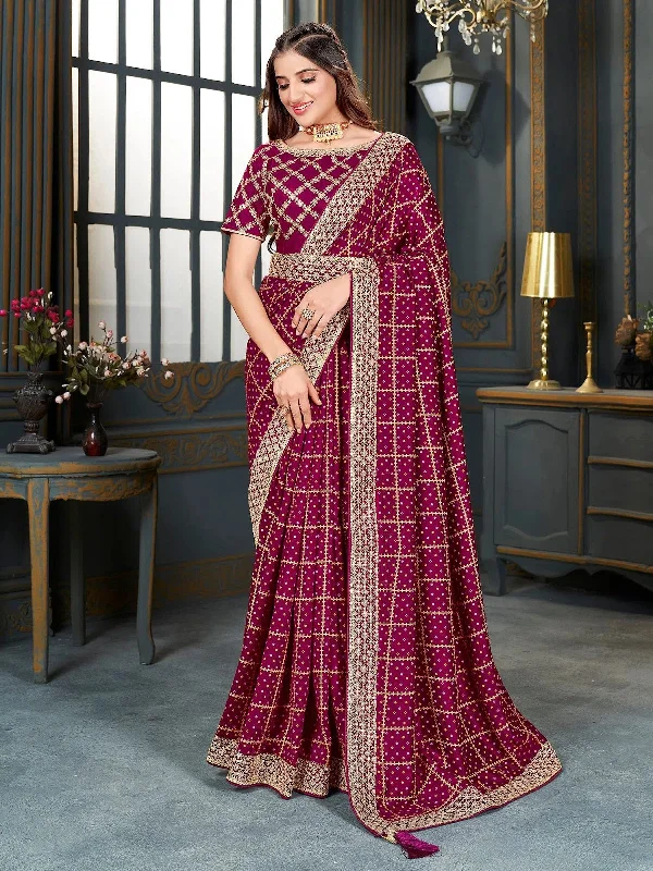 Saree Mall Women's Vichitra  Magenta Embellished Designer Saree With Blouse Piece-ANGEL1002 Short Sleeve Blouse