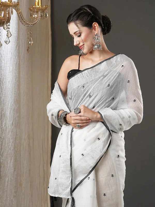 Saree Mall Women's Cotton  White Embroidered Designer Saree With Blouse Piece-10KAVI1001 Chic Ruffle Blouse