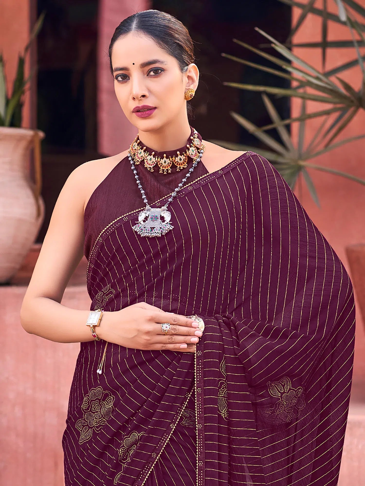 Saree Mall Women's Georgette Purple Embellished Celebrity Saree With Blouse Piece-JALEBI81308 Oversized Silk Blouse