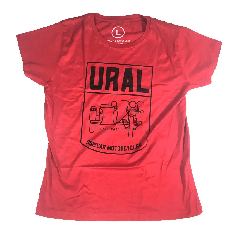 Ladies T-Shirt Sidecar Badge Red-- Solid Print Embellished