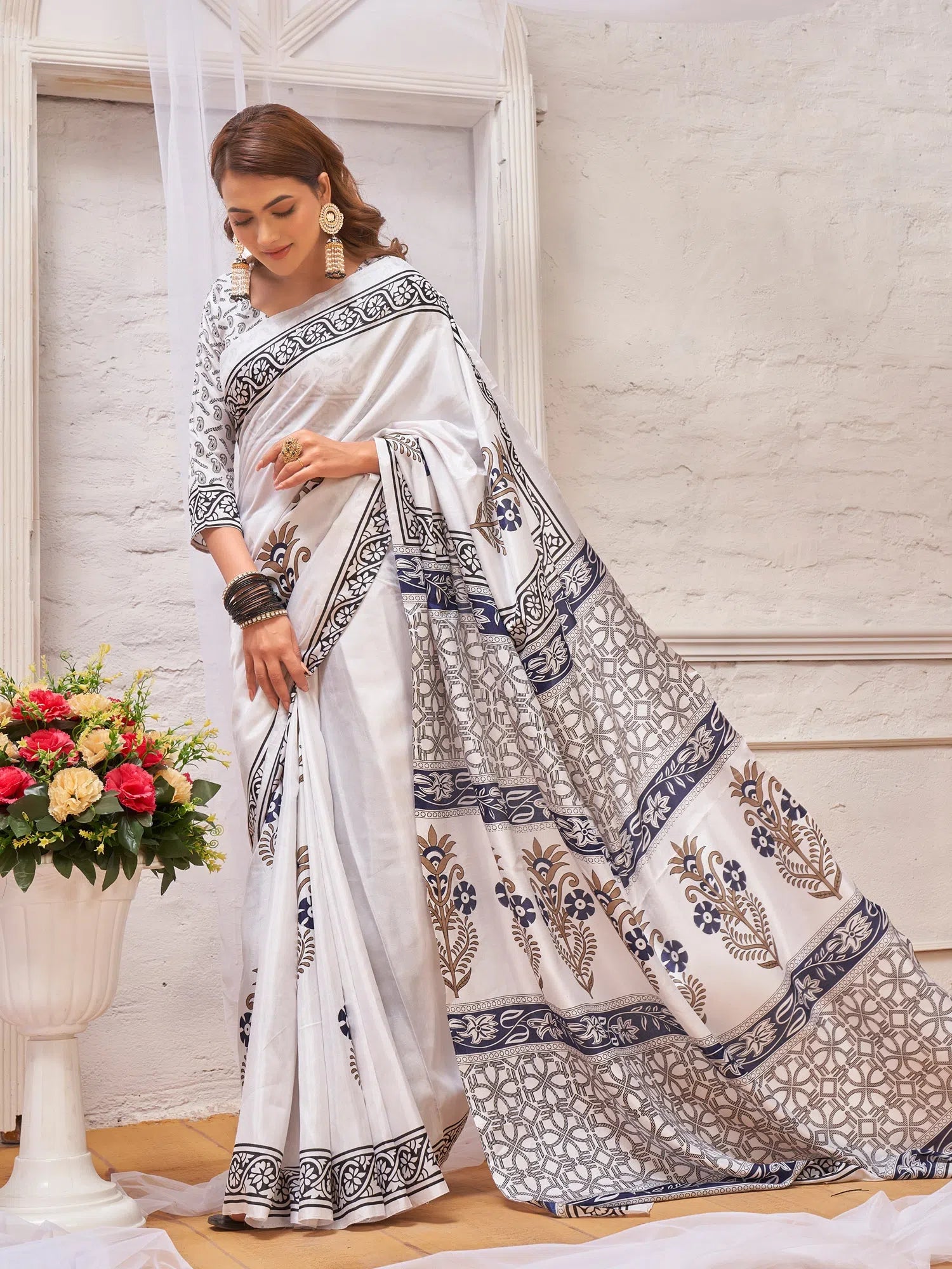 Saree Mall Women's Dola  White Printed Designer Saree With Blouse Piece-HTSKOKO103 Cotton Casual Blouse