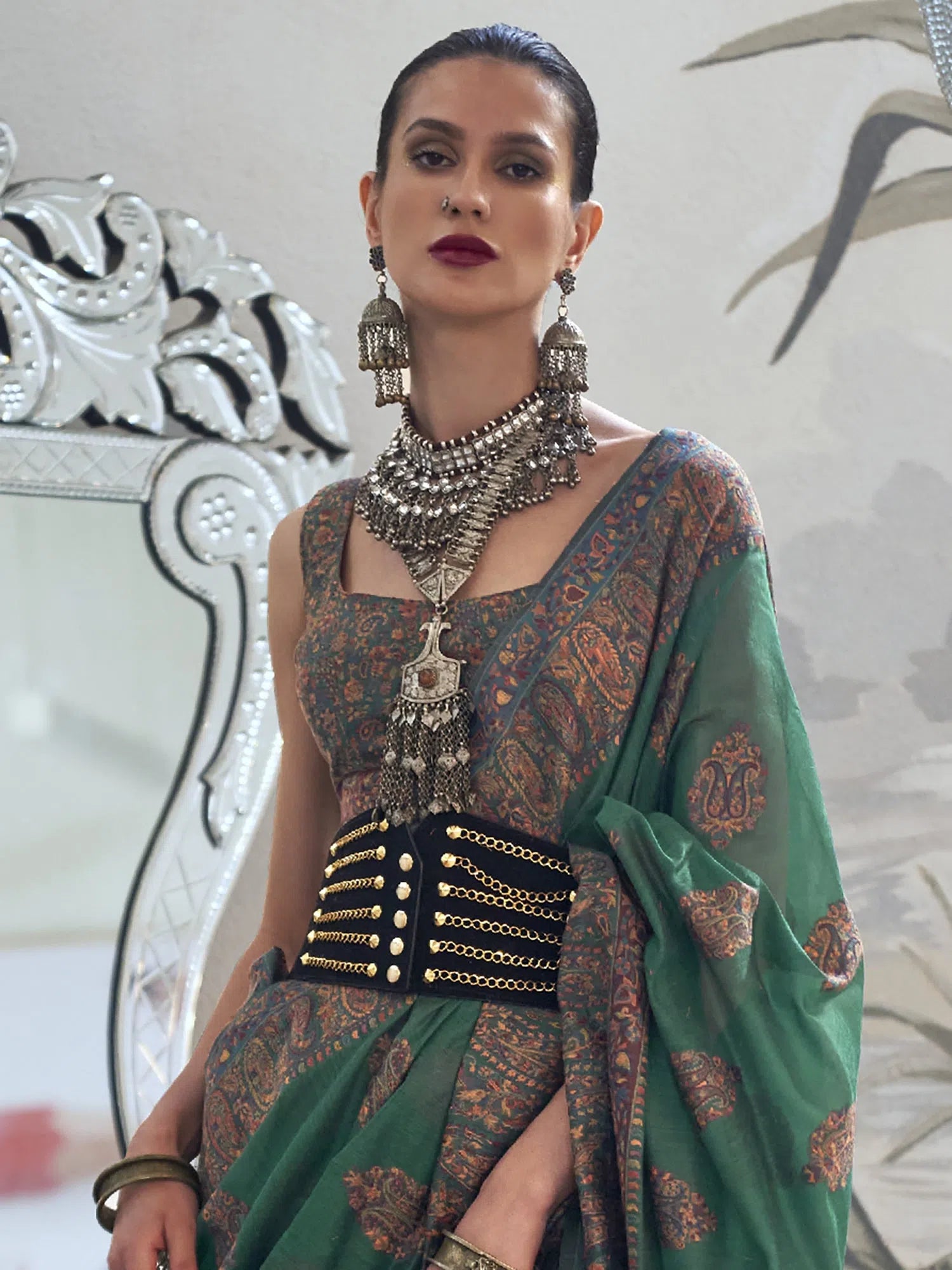 Saree Mall Women's  Blend Green Woven Design Designer Saree With Blouse Piece-KQALIB328005 Smart Casual Blouse