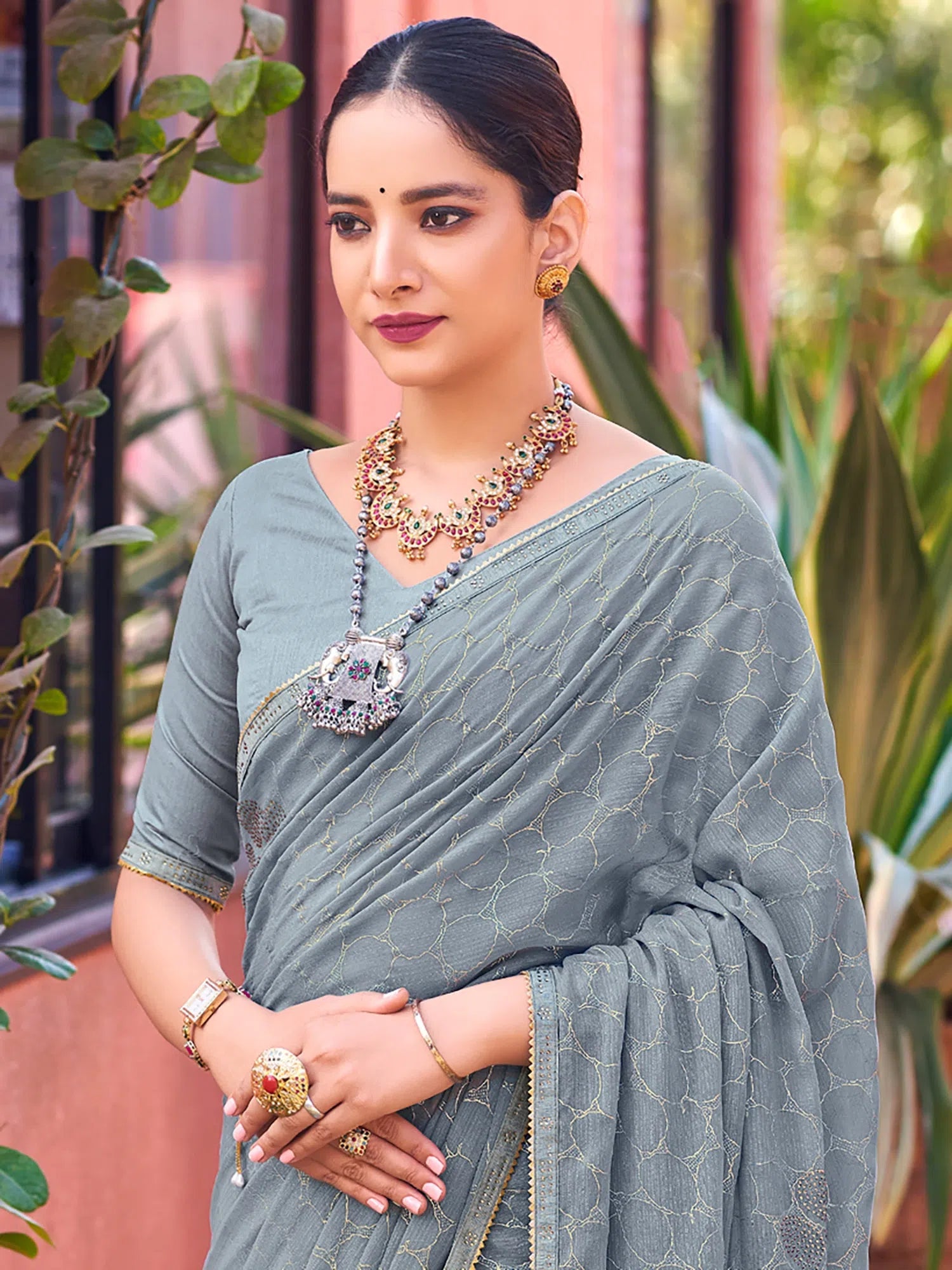 Saree Mall Women's Georgette Grey Embellished Celebrity Saree With Blouse Piece-JALEBI81302 Embroidered Floral Blouse