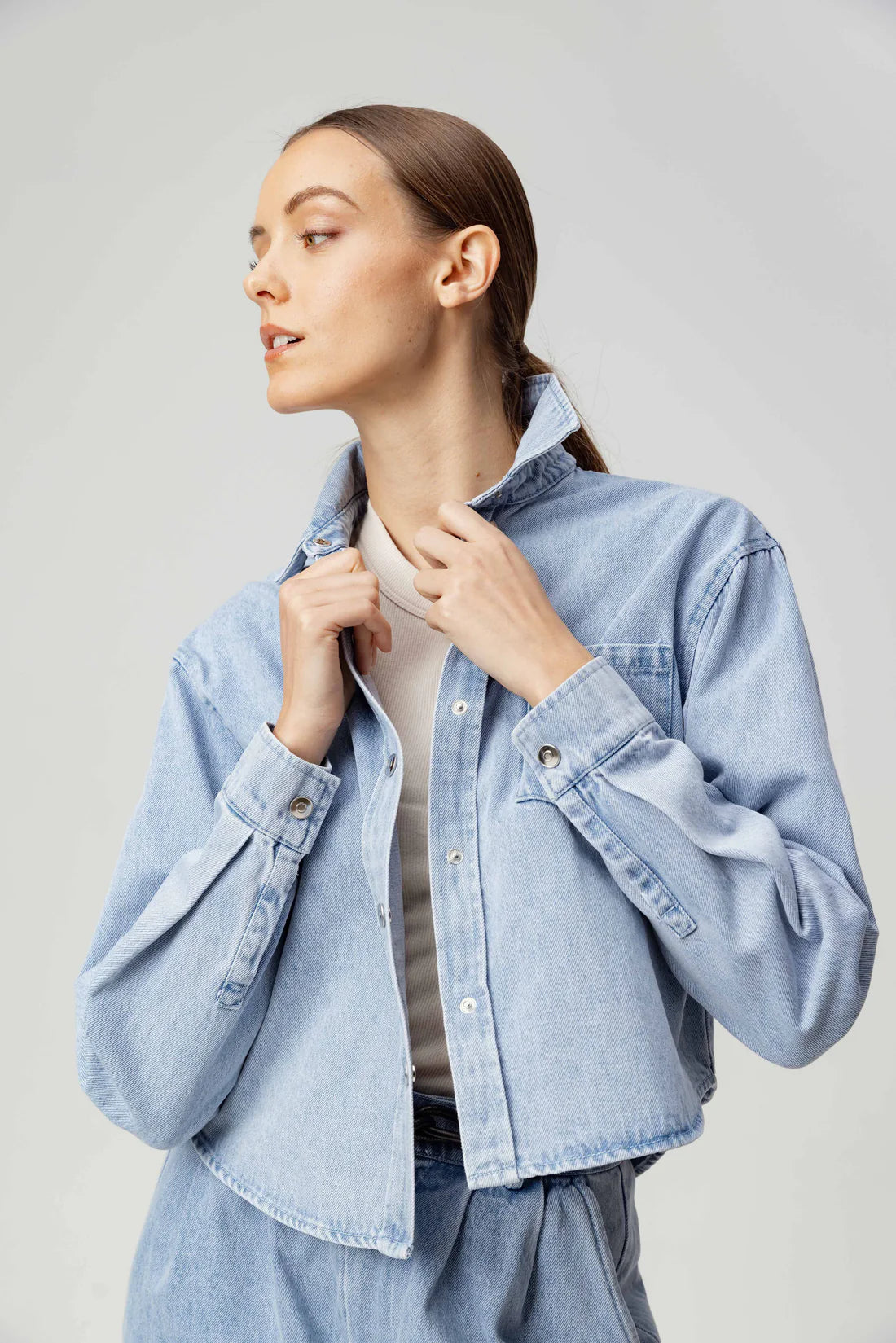 GAIA DENIM SHIRT-- Notch Collar Peter Pan Collar Cowl Neck