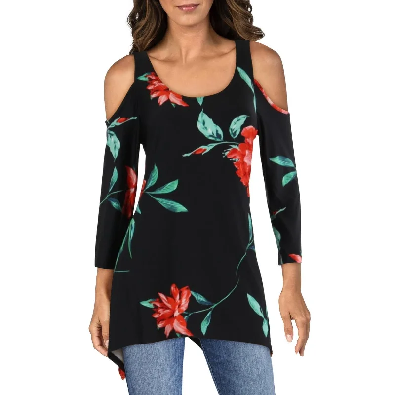Womens Scoop Neck Cold Shoulder Blouse Sheer Mesh Blouse