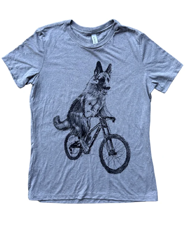 German Shepherd on A Bicycle Women's Shirt-- Denim Fabric Leather Fabric Suede Fabric