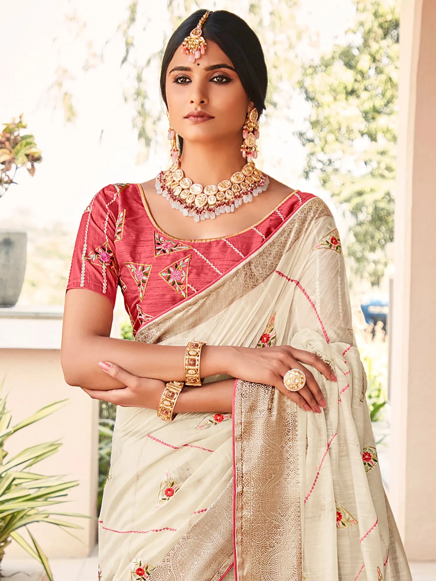 Saree Mall Women's Cotton Blend Off White Embellished Celebrity Saree With Blouse Piece-LAJRI11972 Peter Pan Collar Blouse