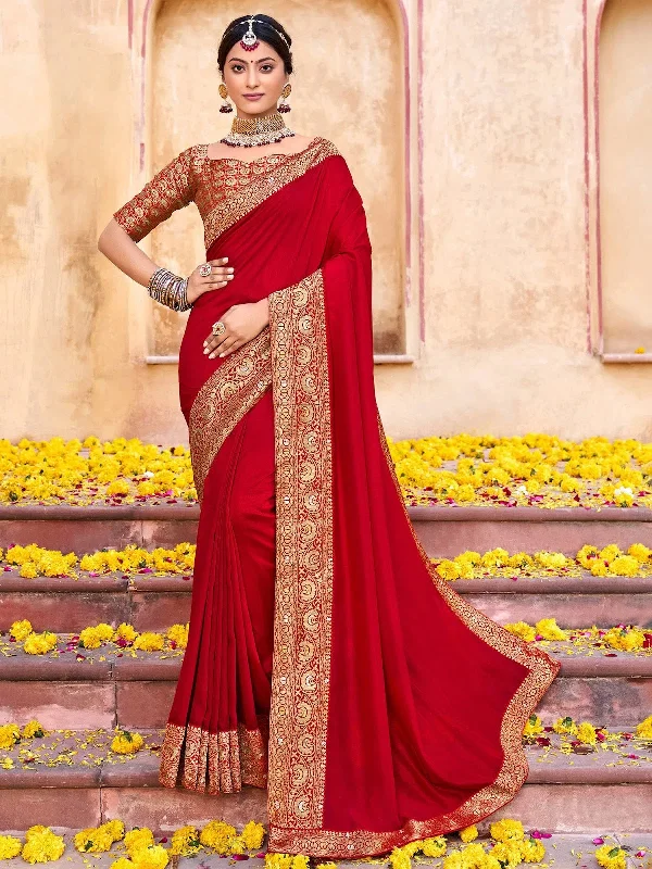 Saree Mall Women's Vichitra  Red Embellished Designer Saree With Blouse Piece-NALLI81641 Stretchy Fitted Blouse