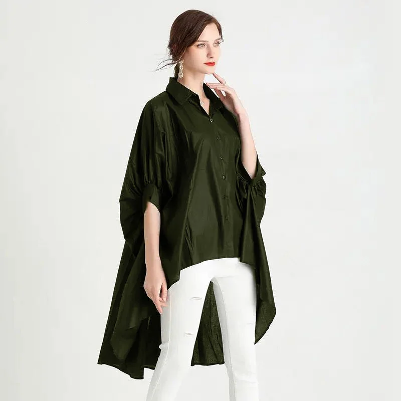 Euramerican Plus Size Women Fashion Summer New Shirts Turn-Down Collar Casual Half Sleeve Irregularity Elegant Shirt S3449683-- Chenille Blend Fleece Blend Nylon Blend