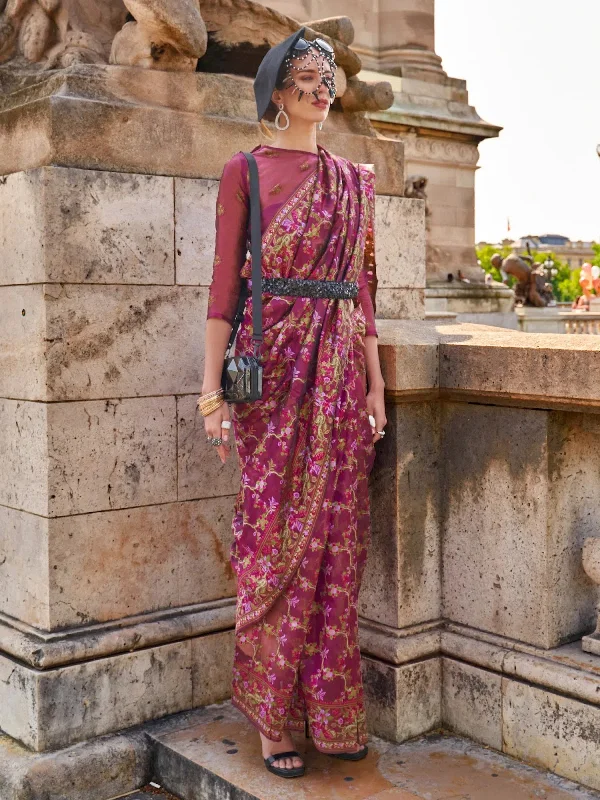 Saree Mall Women's Organza Magenta Woven Design Designer Saree With Blouse Piece-KARSI346005 Oversized Silk Blouse