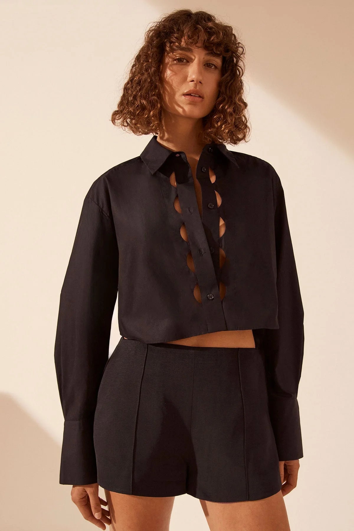 SHONA JOY JOSEPHINE SCALLOP CUT OUT CROP SHIRT - BLACK-- Terry Blend Velvet Blend Canvas Blend SHONA JOY JOSEPHINE SCALLOP CUT OUT CROP SHIRT - BLACK-- Terry Blend Velvet Blend Canvas Blend