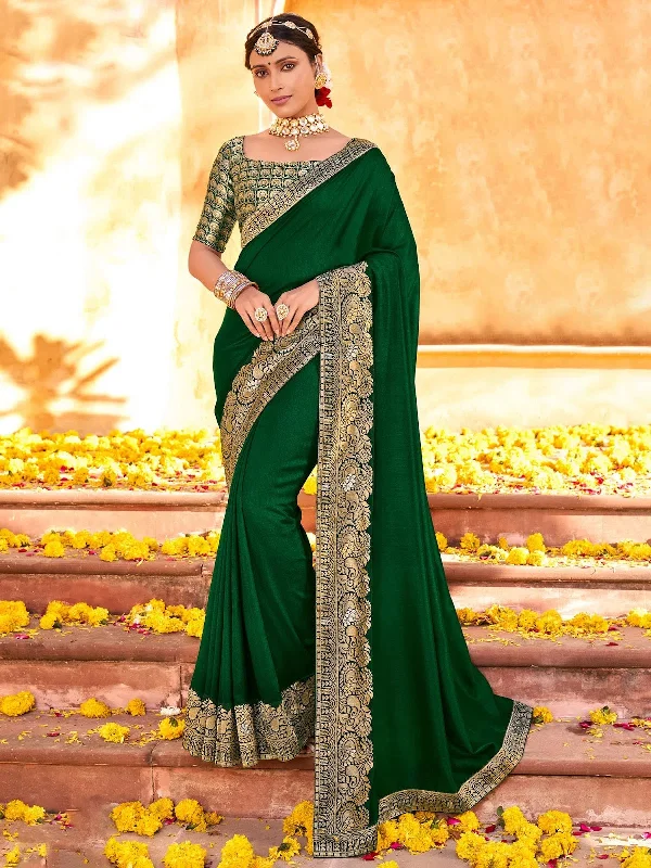 Saree Mall Women's Vichitra  Green Embellished Designer Saree With Blouse Piece-NALLI81647 Relaxed Fit Blouse