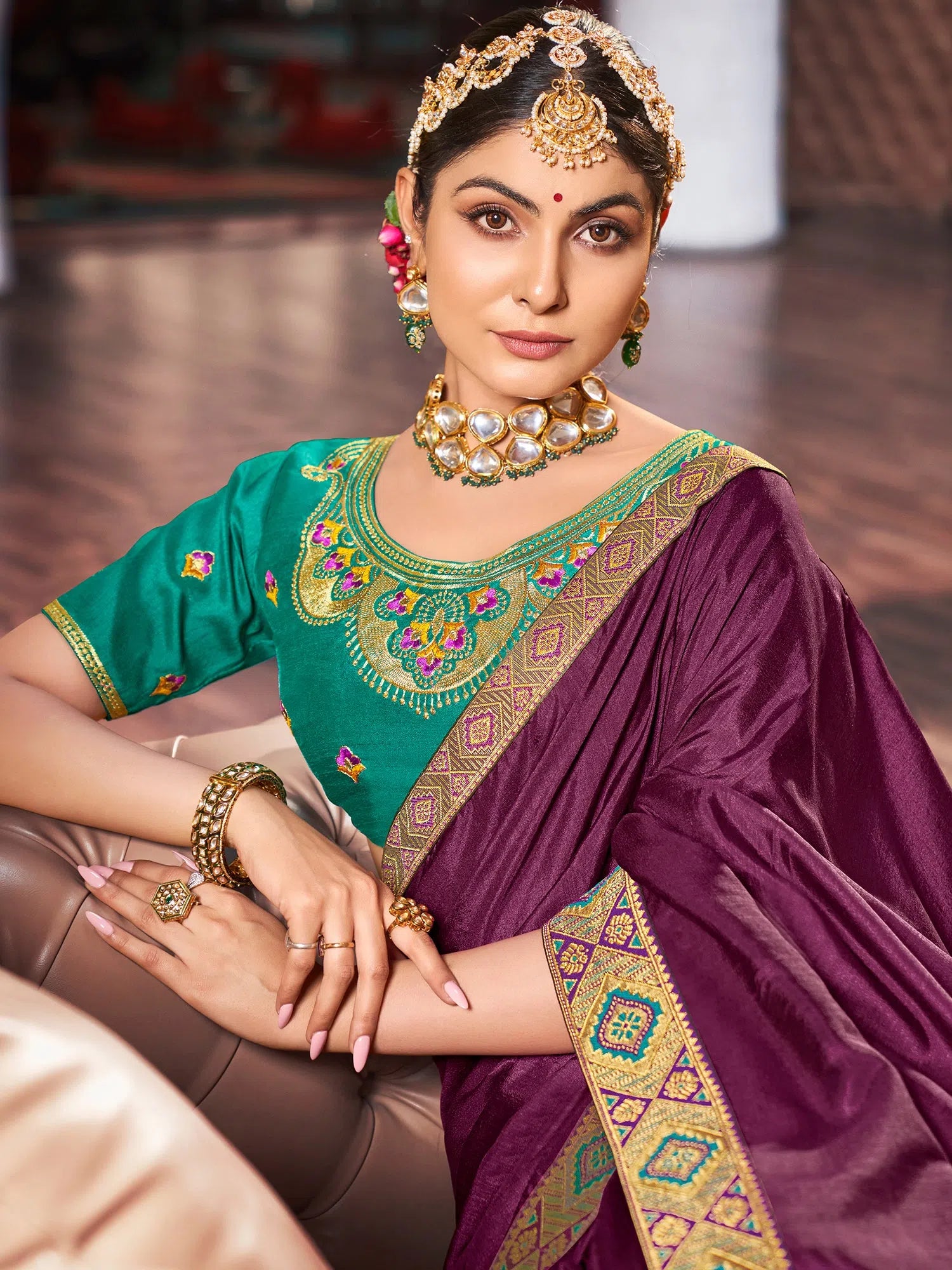 Saree Mall Women's Vichitra  Purple Embellished Celebrity Saree With Blouse Piece-KSTURI81824 Lightweight Tunic Blouse