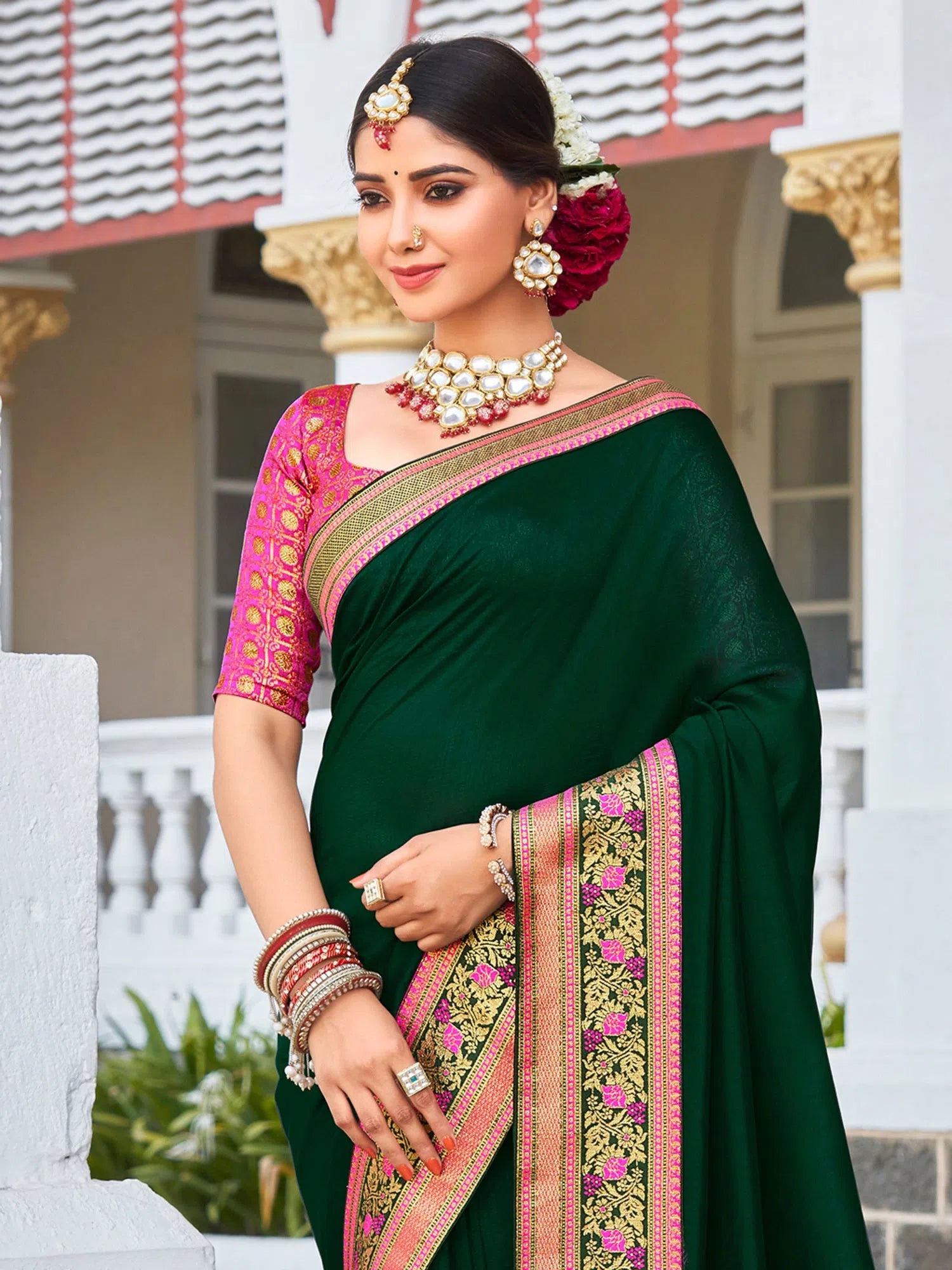 Saree Mall Women's Vichitra  Green Embellished Designer Saree With Blouse Piece-KNTRA30134 Bell Sleeve Blouse