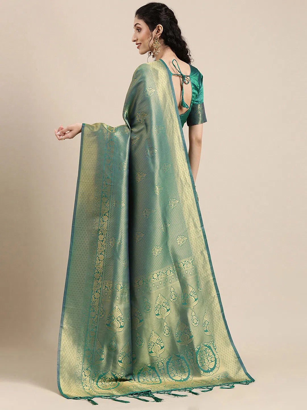 Saree Mall Women's  Blend Teal Green Woven Design Celebrity Saree With Blouse Piece-KUNT188009 Subtle Shimmer Blouse