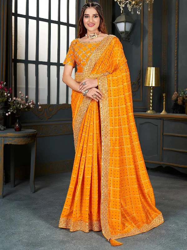 Saree Mall Women's Vichitra  Yellow Embellished Designer Saree With Blouse Piece-ANGEL1003 Flowy Bohemian Blouse