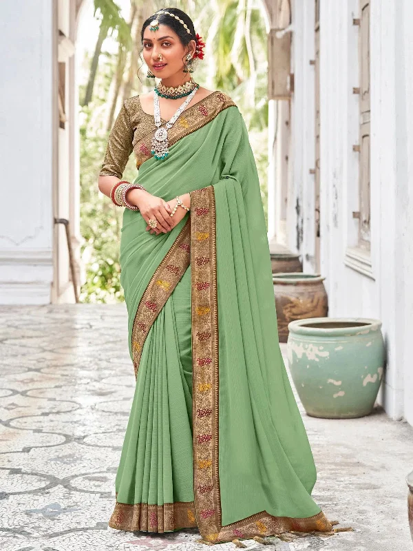 Saree Mall Women's Vichitra  Light Green Embellished Designer Saree With Blouse Piece-TRIYA81891 Peter Pan Blouse