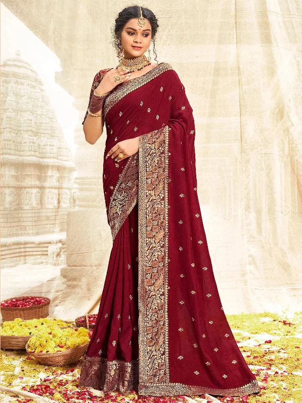 Saree Mall Women's Vichitra  Maroon Embellished Designer Saree With Blouse Piece-NISHA1006 Elegant Silk Blouse