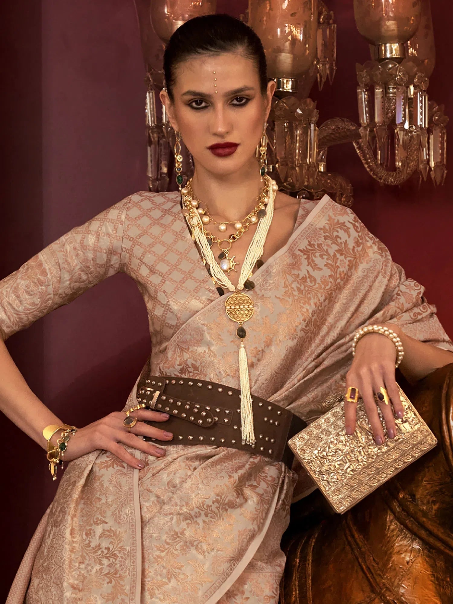 Saree Mall Women's  Blend Cream Woven Design Designer Saree With Blouse Piece-KLKATI327005 Sweetheart Neck Blouse