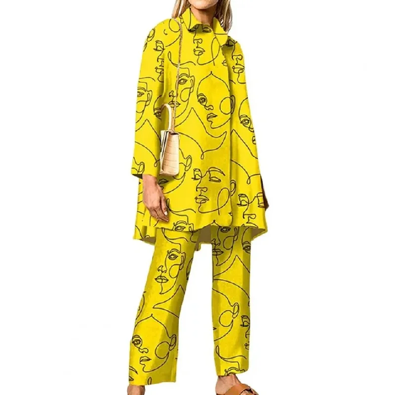 Fashion Geometric Print Long Sleeve Suits Women Turn-down Collar Shirt and Wide Leg Pants Two-piece Sets Office Lady Overalls 5PRRVN-- Plaid T-Shirt Polka Dot Checkered